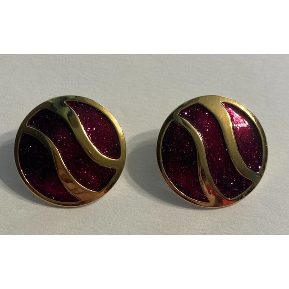 Avon Vintage Red Sparkle Enamel Gold Tone Round Clip On Earrings - Picture 7 of 9